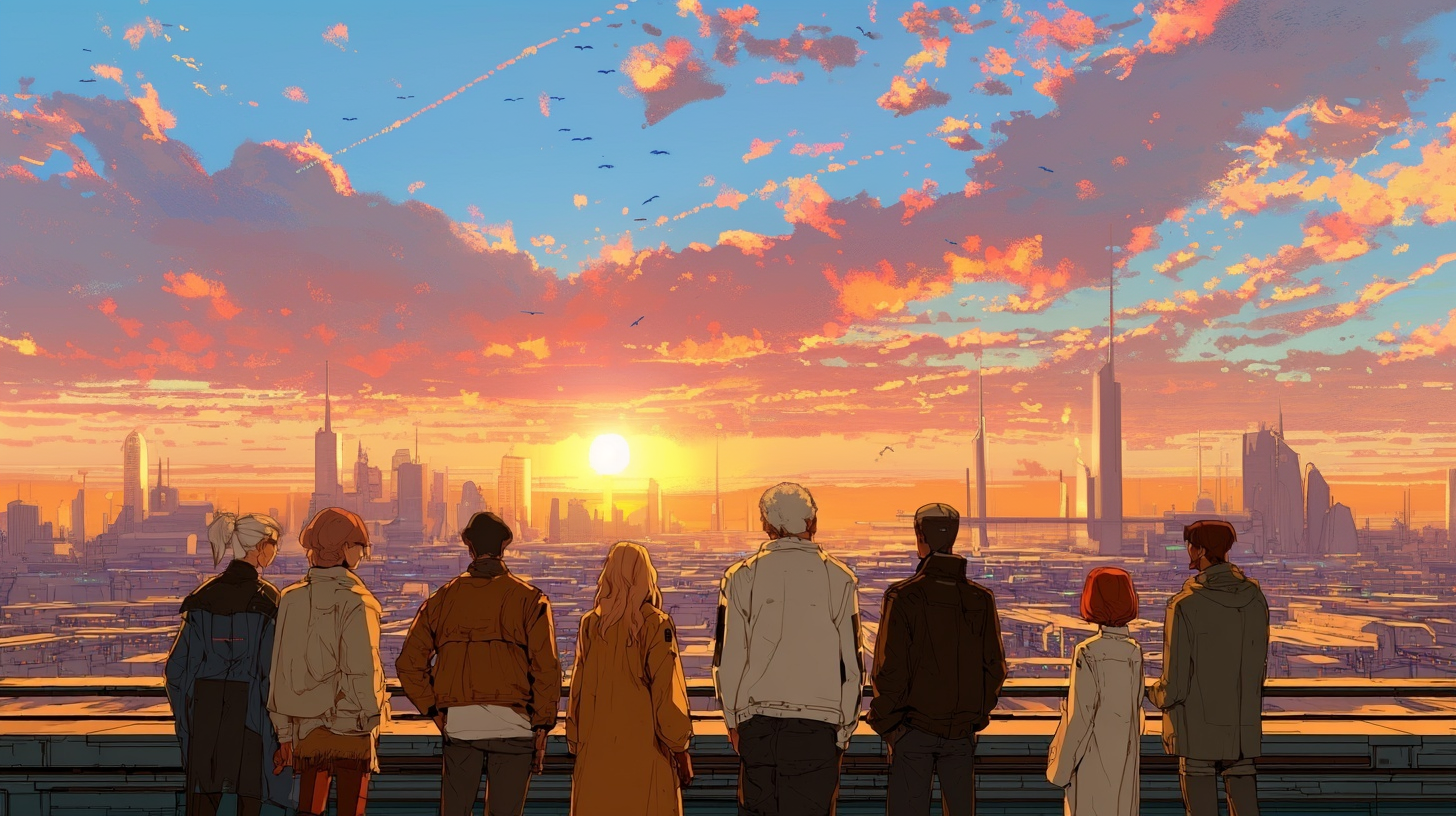 People looking at a futuristic city skyline at sunset